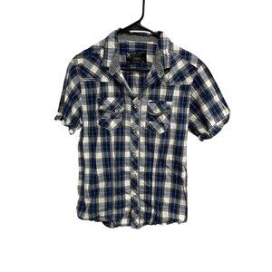 Marc Ecko Cut & Sew Snap Front Plaid Shirt Blue White Sz Medium Cotton Preppy